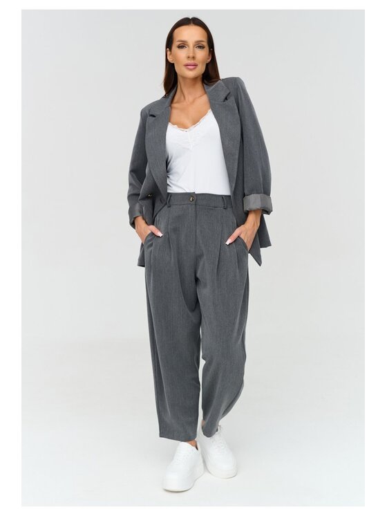 Makadamia Makadamia Komplet żakiet i spodnie materiałowe C90 Szary Loose Fit