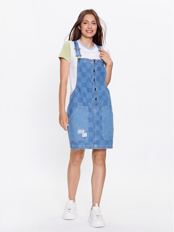 Vans Mended Check Denim Pinafore Dress in Blue