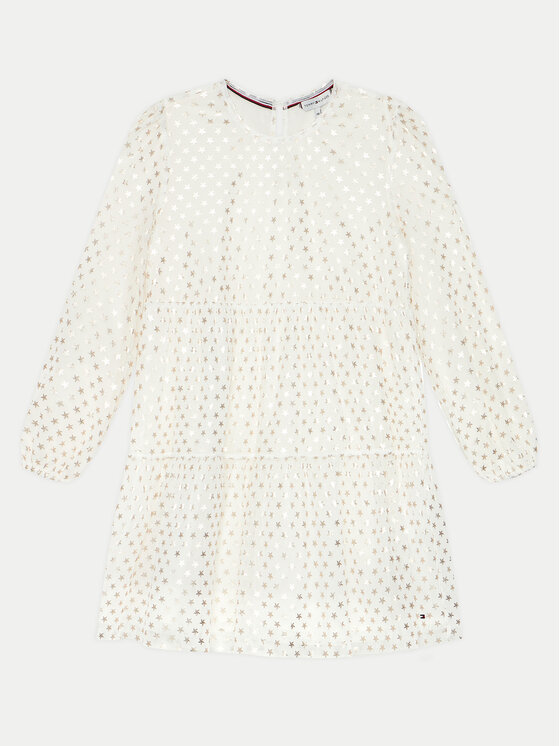 Tommy Hilfiger Elegantné šaty Foil Star Dress Ls KG0KG08210 Écru Regular Fit