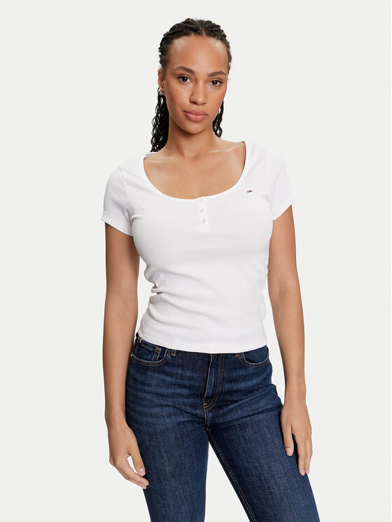Tommy Jeans T-shirt Henley DW0DW18669 Bianco Slim Fit, taglia : XS