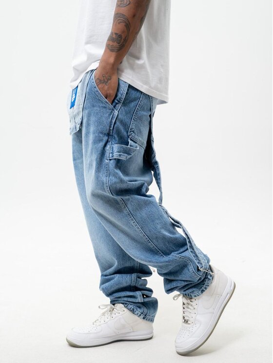 Jigga Wear Jigga Wear Ogrodniczki Spodnie Jeansowe Ogrodniczki Męskie Jasne Niebieskie Jigga Wear Logo Dungarees Baggy XL Niebieski Baggy Fit