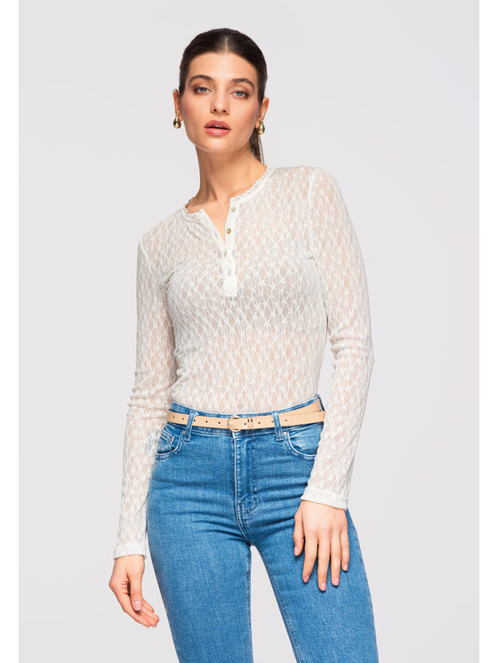 Ombre Ombre Bluzka OW-TS-E0013 Écru Slim Fit