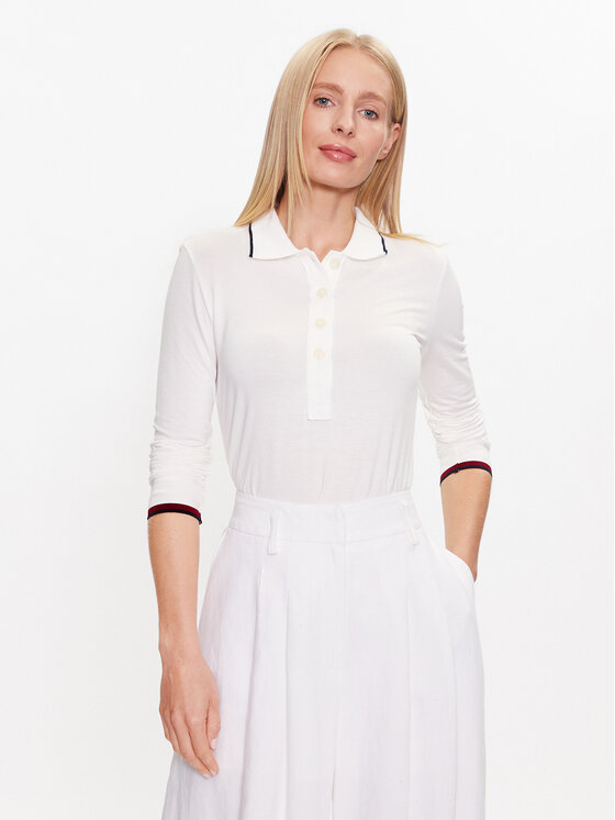 Tommy Hilfiger Tommy Hilfiger Тениска с яка и копчета Split Global WW0WW38831 Екрю Slim Fit