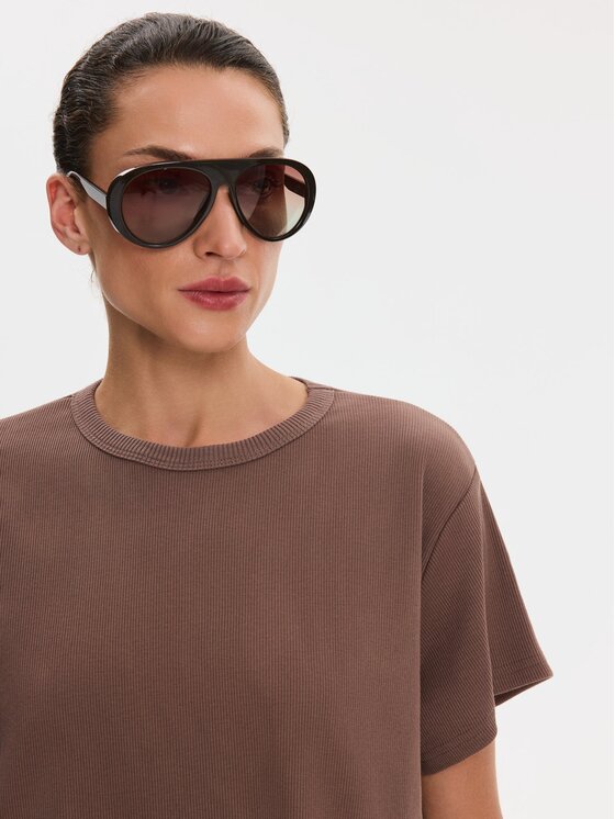Nudyess Nudyess T-Shirt Agapi z prążka Brązowy Oversize