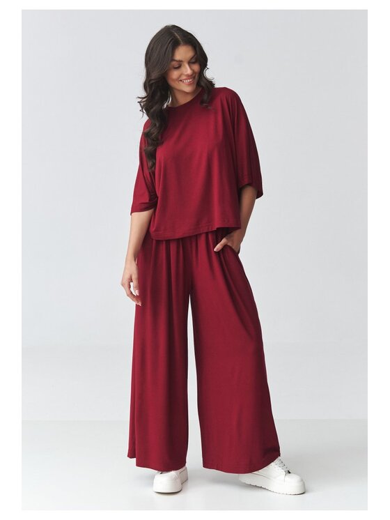 Makadamia Makadamia Komplet bluzka i spodnie M926 Bordowy Loose Fit