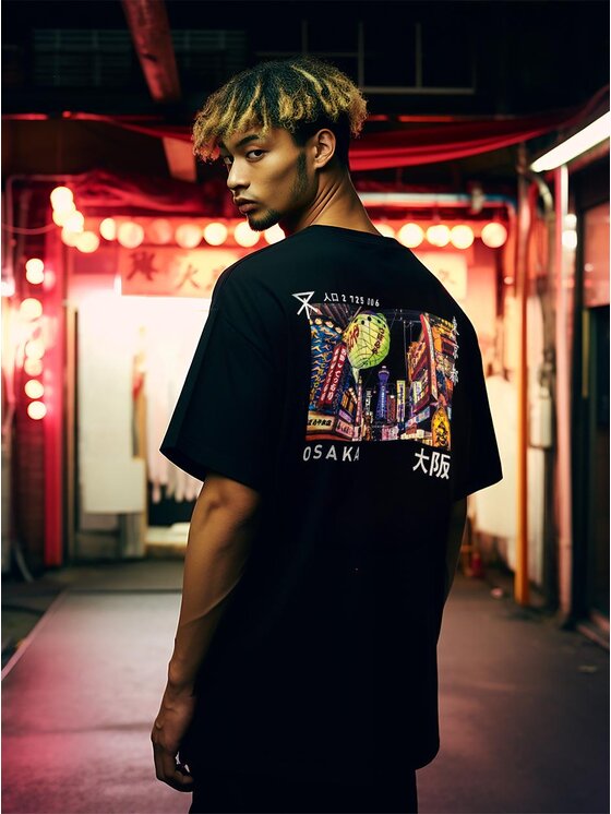 MyStars MyStars T-Shirt Koszulka Z Krótkim Rękawem Oversize Męska Czarna MyStars Osaka XL Czarny Oversize
