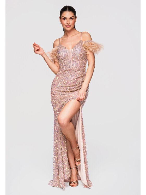 Ombre Ombre Sukienka wieczorowa LA-OM-DLR326 Beżowy Slim Fit