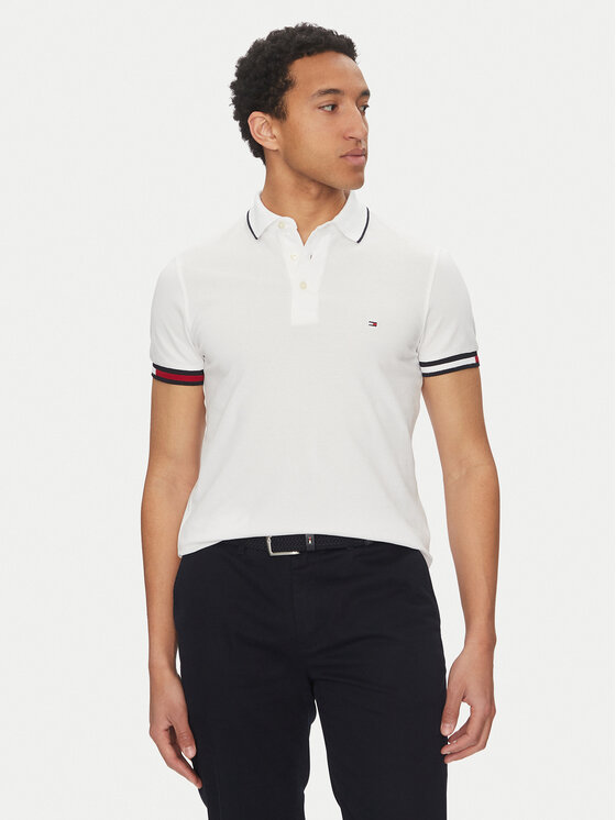 Tommy Hilfiger Polo Flag Cuff MW0MW38458 Bianco Slim Fit, taglia : S