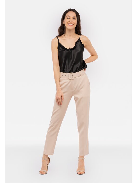 Perso Perso Kalhoty z materiálu z paskiem Béžová Straight Fit
