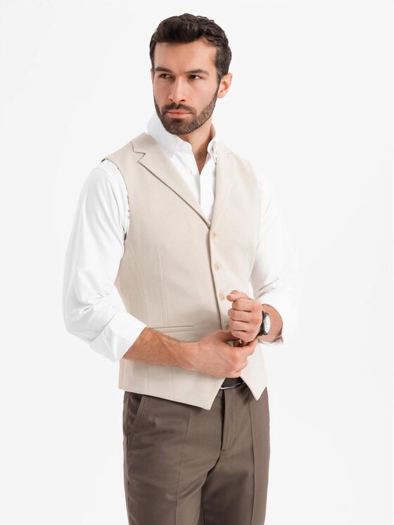 Ombre Ombre Kamizelka garniturowa OM-BLZV-0145 Beżowy Slim Fit