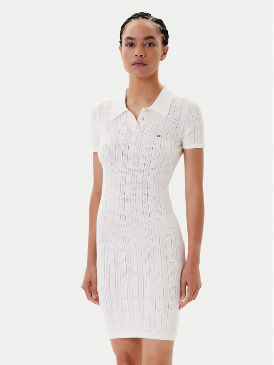 Tommy Jeans Tommy Jeans Rochie tricotată Pointelle DW0DW20874 Écru Slim Fit