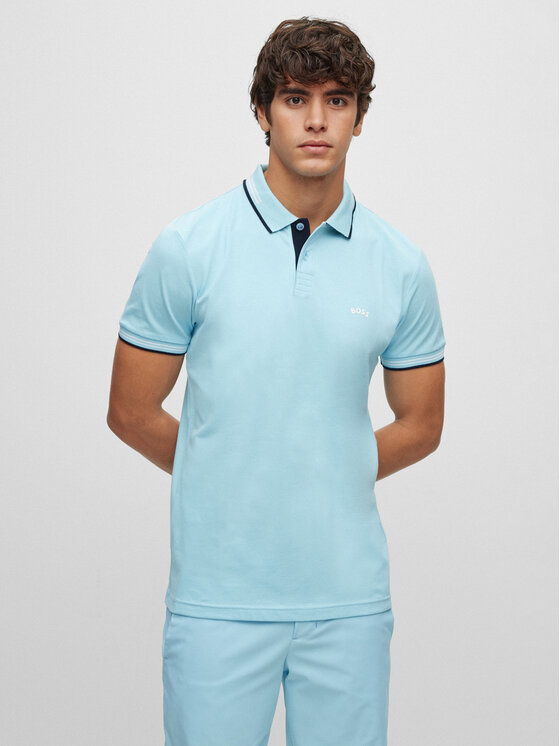 Boss Тениска с яка и копчета 50469245 Син Slim Fit