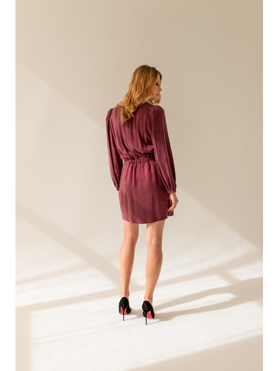 Entelier Entelier Sukienka koktajlowa bufiasty rękaw Bordowy Comfortable Fit