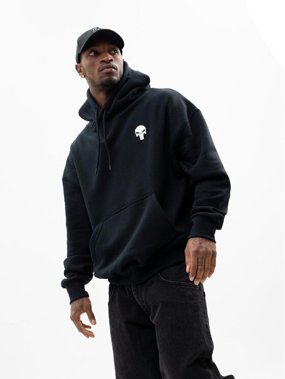 Bluza, rozmiar L, Czarny, Bluza Z Kapturem Oversize Męska Czarna / Biała Marvel Classic Punisher Logo 2XL