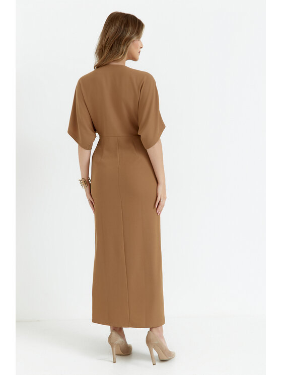 Makover Makover Sukienka codzienna K163 Beżowy Modern Fit
