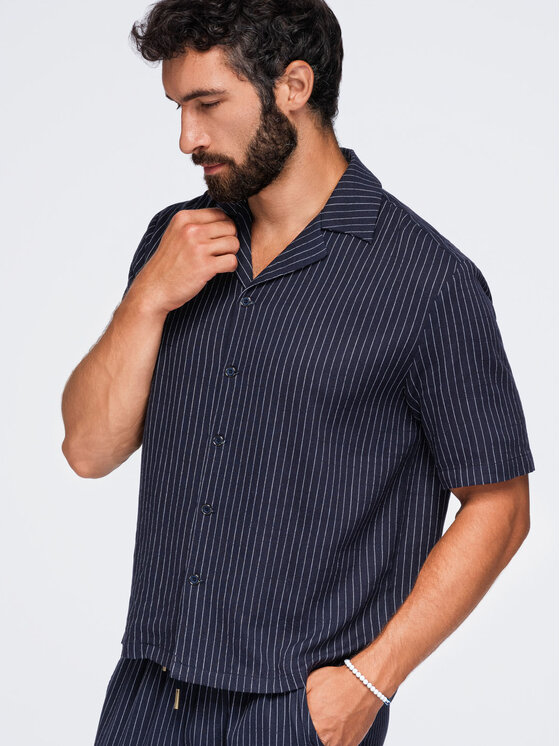 Ombre Ombre Koszula OM-SHSS-0222 Granatowy Boxy Fit