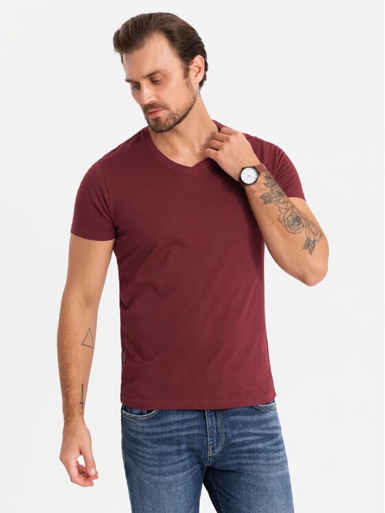Ombre Ombre Komplet 3 t-shirtów OM-TSBS-0233 Bordowy Regular Fit
