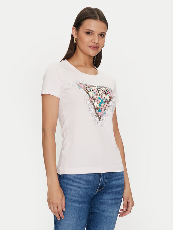 Guess T-krekls Cherry Flower W4YI26 J1314 Rozā Slim Fit