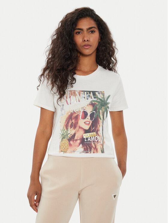 Guess Tričko W4YI46 K9RM1 Écru Regular Fit