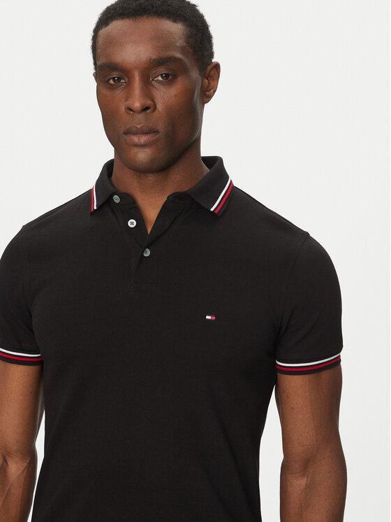 Tommy Hilfiger Tommy Hilfiger Тениска с яка и копчета Tipped MW0MW37346 Черен Slim Fit