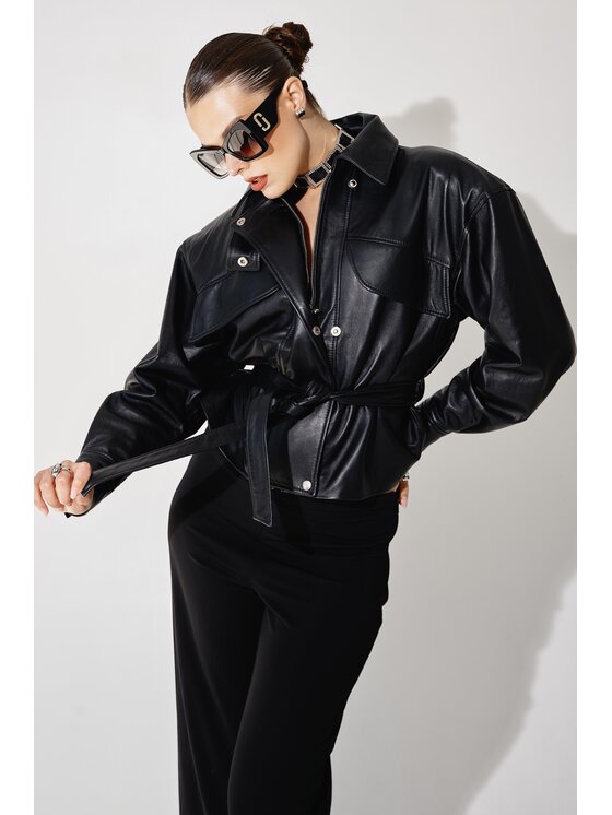 Mimika Mimika Kurtka skórzana Boss Jacket absolute black Czarny Oversize