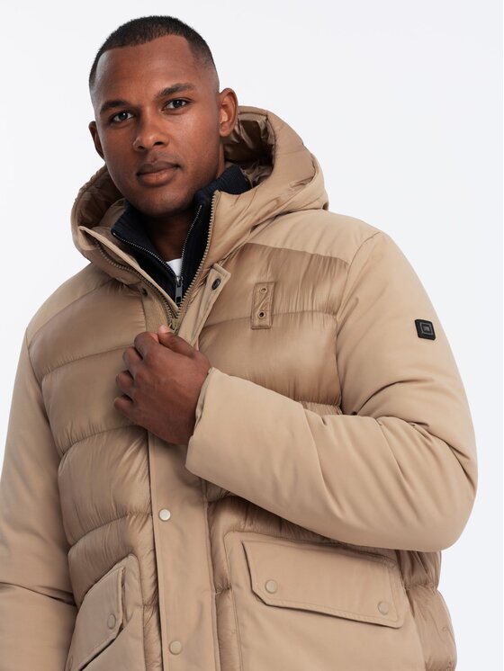 Ombre Ombre Kurtka puchowa OM-JALJ-0165 Beżowy Regular Fit