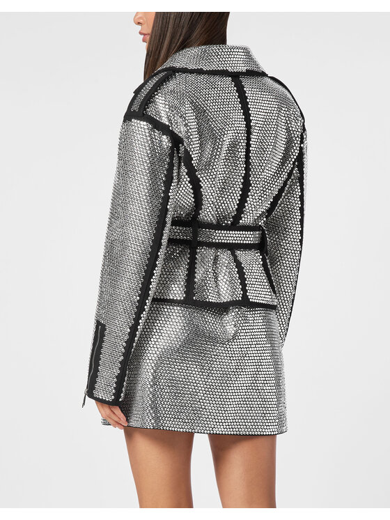 PHILIPP PLEIN PHILIPP PLEIN Kurtka skórzana 20687 Srebrny Oversize