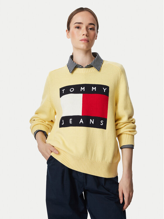 Tommy Jeans Pulover Flag DW0DW23450 Galben deschis Regular Fit