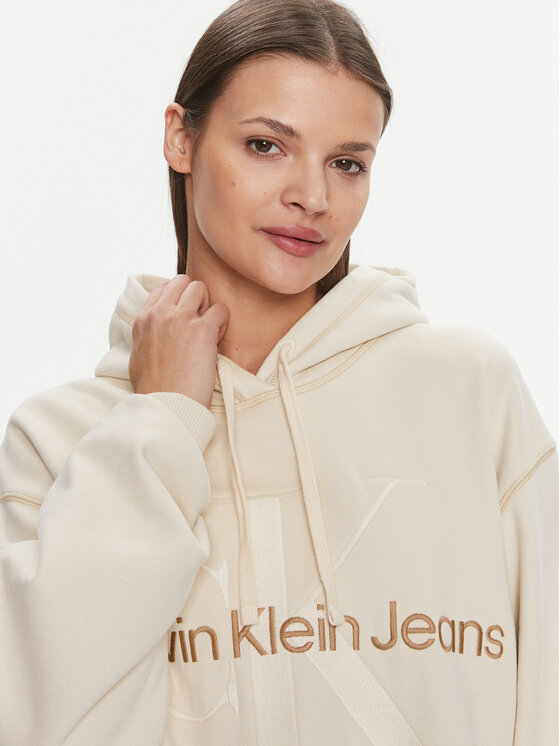Calvin Klein Jeans Calvin Klein Jeans Vsakodnevna obleka Hero Monologo Hoodie Dress J20J223245 Écru Relaxed Fit