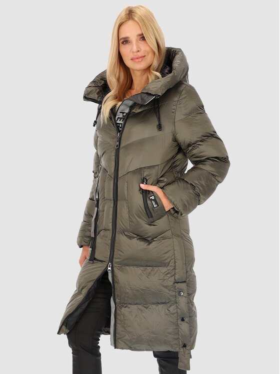 Perso Perso Zimní bunda z połyskującej tkaniny Khaki Regular Fit