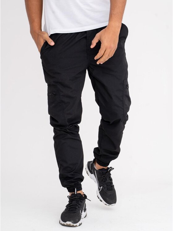 Jigga Wear Jigga Wear Spodnie materiałowe Spodnie Materiałowe Jogger Bojówki Ze Ściągaczem Czarne Jigga Wear Stripe Ripstop Cargo S Czarny Jogger Fit