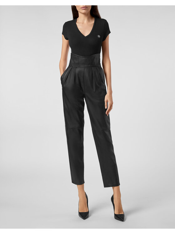 PHILIPP PLEIN PHILIPP PLEIN Spodnie skórzane 5463 Czarny Long Fit