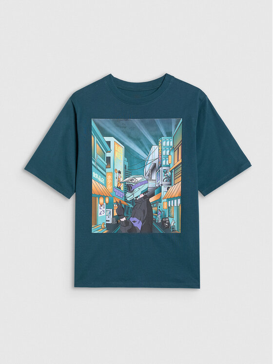 4F 4F T-Shirt CITY LINES Turkusowy Oversize