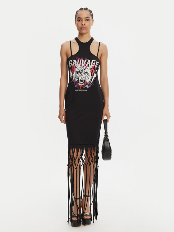 Versace Jeans Couture Versace Jeans Couture Haljina za svaki dan Logo Fringes 78HAOE01 CJ02E Crna Regular Fit