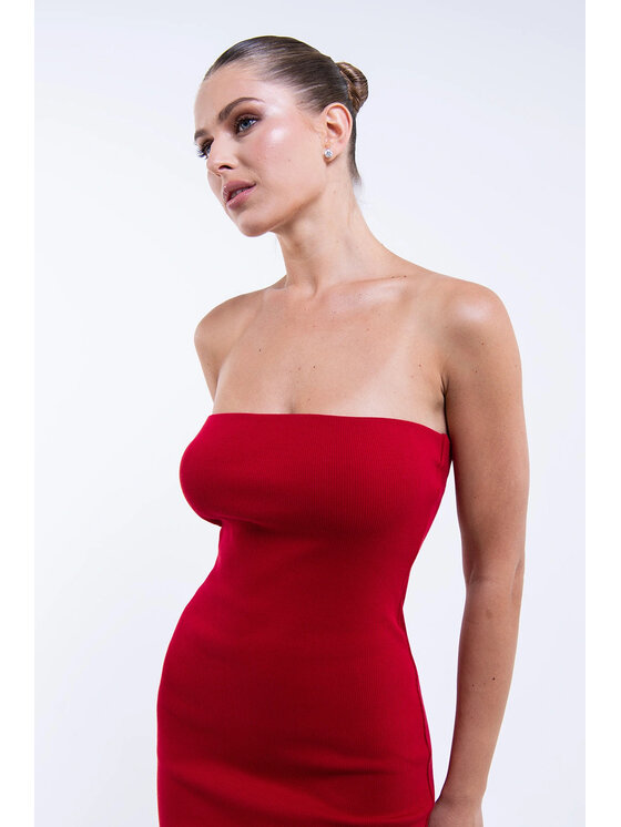 Nudyess Nudyess Sukienka dzianinowa Melrose Midi z prążka Czerwony Fitted Fit