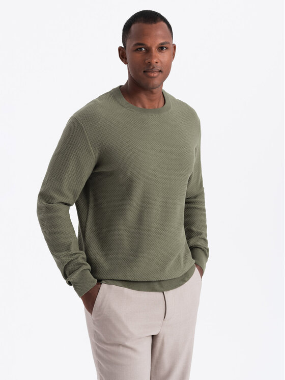 Ombre Ombre Sweter OM-SWSW-0110 Khaki Relaxed Fit