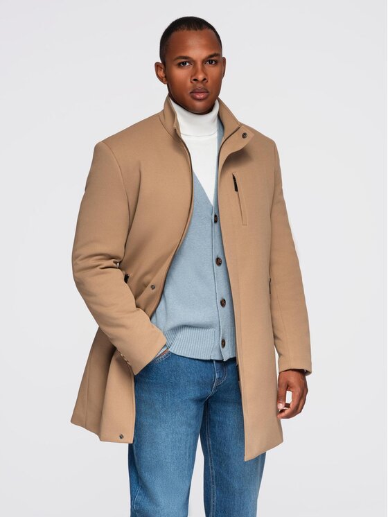 Ombre Ombre Płaszcz przejściowy OM-COWC-0136 Beżowy Regular Fit
