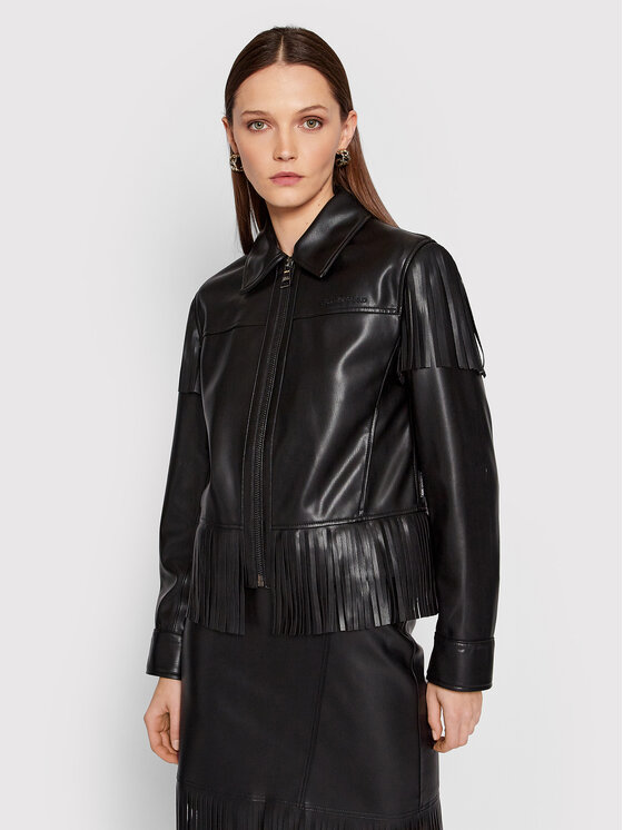 KARL LAGERFELD Bunda z imitácie kože Fringe 220W1405 Čierna Regular Fit