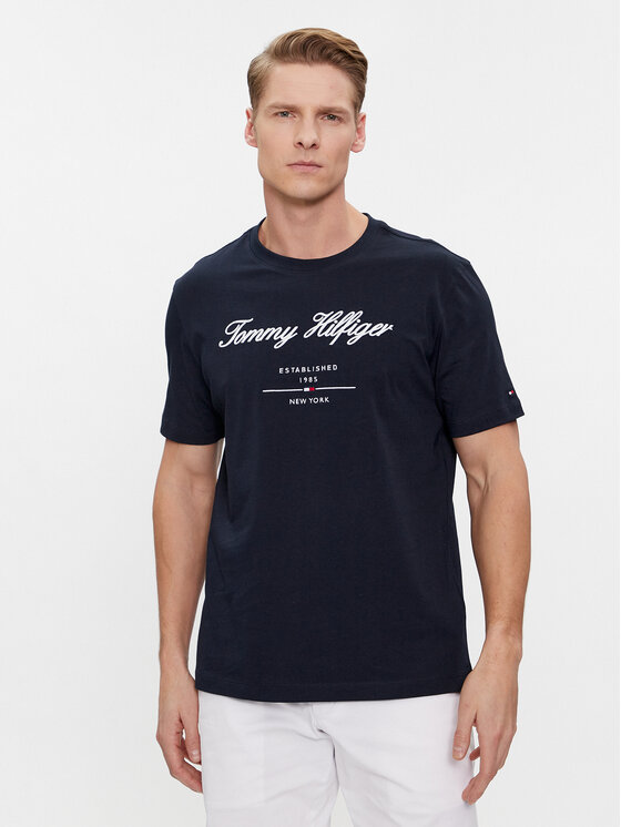 Tommy Hilfiger T-krekls Script Logo Tee MW0MW33691 Tumši zils Regular Fit