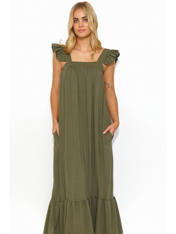 Makadamia Makadamia Sukienka letnia M817 Khaki Loose Fit