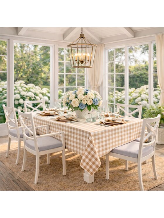 Roseberry Home Roseberry Home Obrus Okrągły bawełniany w biało-beżową kratę Beige Gingham Beżowy