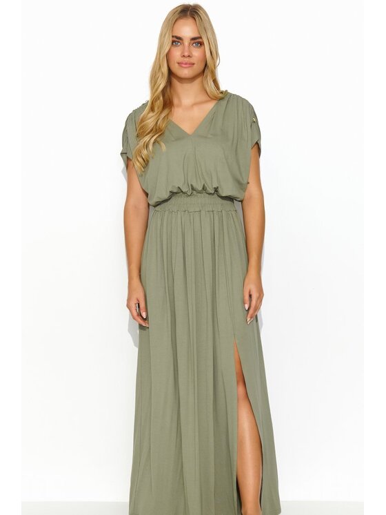 Makadamia Makadamia Sukienka codzienna M825 Khaki Comfortable Fit