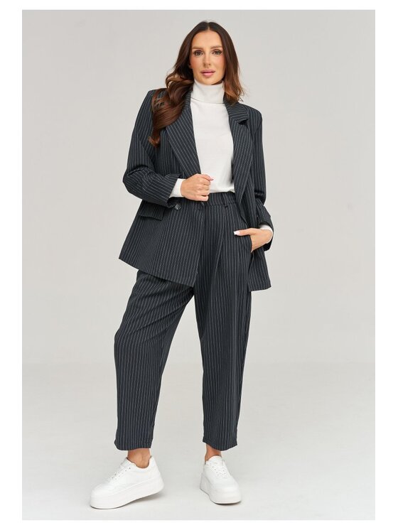 Makadamia Makadamia Komplet żakiet i spodnie materiałowe C102 Szary Loose Fit