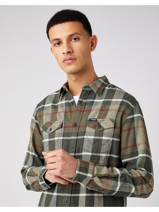 Wrangler Wrangler Koszula LS 2PKT FLAP SHIRT Zielony Regular Fit