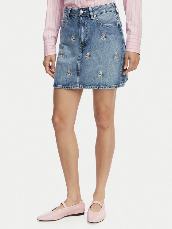 Tommy Hilfiger Spódnica jeansowa TH Crest Embroidery WW0WW50623 Niebieski Regular Fit