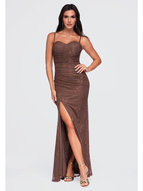Ombre Ombre Sukienka wieczorowa LA-OM-DLR464 Brązowy Slim Fit