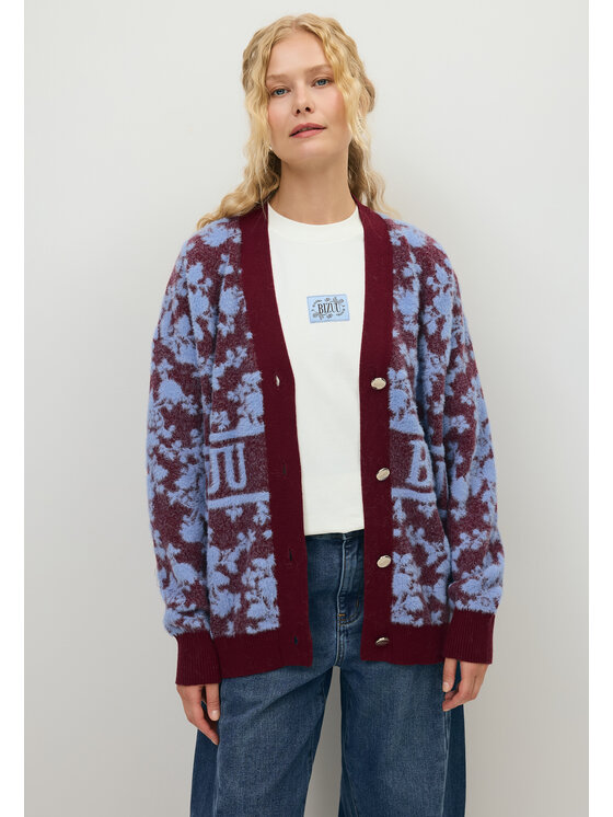 BIZUU BIZUU Kardigan LANZAR FLORAL LOGO SWEATER Niebieski Standard Fit