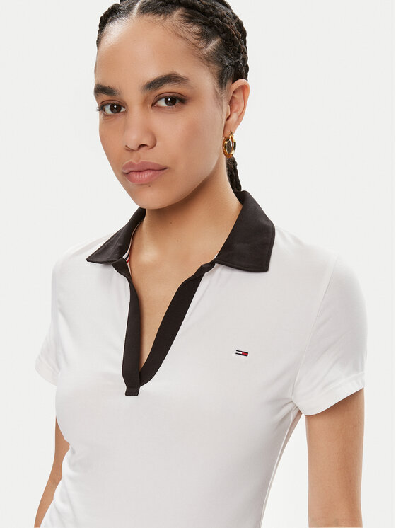 Tommy Jeans Tommy Jeans Тениска с яка и копчета Contrast DW0DW17225 Бял Slim Fit