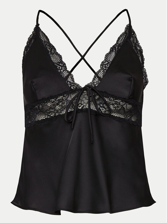 Hunkemöller Hunkemöller Μπλούζα πιτζάμας Cami Satin Lace Marcela 205066 Μαύρο Regular Fit