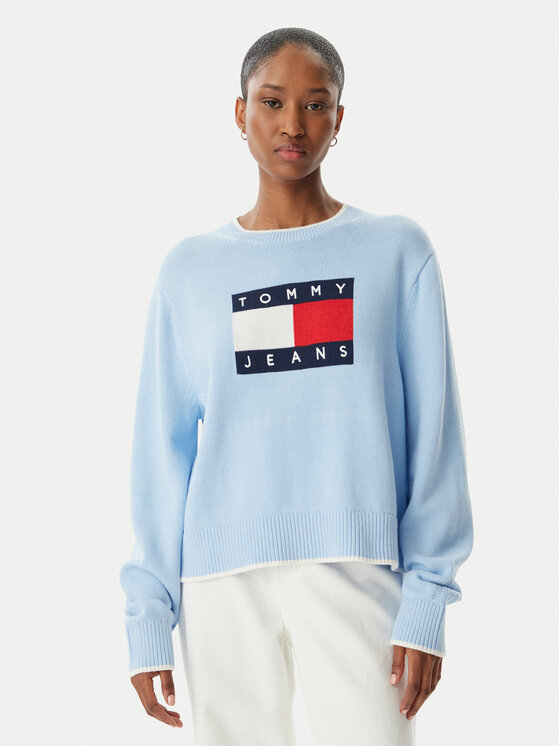 Tommy Jeans Pulover Intarsia Flag Badge DW0DW22316 Albastru deschis Relaxed Fit